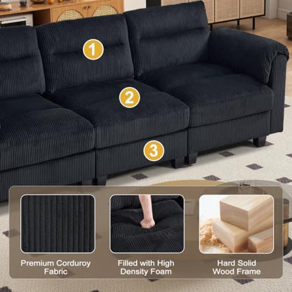 HAOMARKETS 90” Modular Sectional L Shaped Corner Sofa, Corduroy 4-Seater Couches with Thick Cushion for Living Room, Black