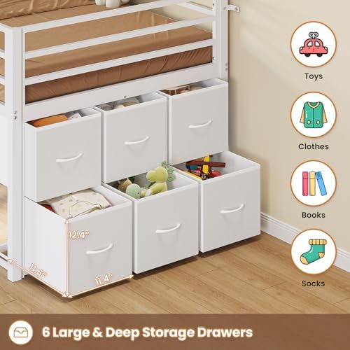 Low Loft Bed Twin Size with 6 Storage Drawers, LED Lights Loft Bed