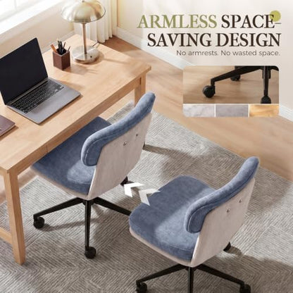 COMHOMA Home Office Desk Chairs with Ergonomic Curved Backrest, Mid Century Modern Vanity Chair with Wheel for Bedroom, Chenille Upholstered, Blue