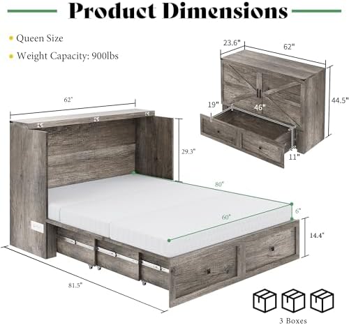 AMERLIFE Queen Rustic Grey Murphy Bed with 6" Tri-Fold Memory Foam Mattress