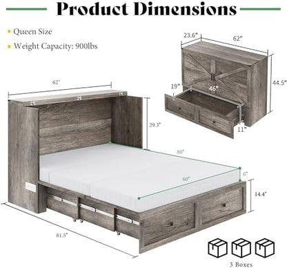 AMERLIFE Queen Rustic Grey Murphy Bed with 6" Tri-Fold Memory Foam Mattress