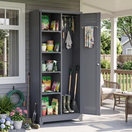 Metal Tool Storage Cabinet, Broom Closet with Hooks, 72.8" Tall Garage Cabinet with Shelves, Heavy-Duty Cleaning Storage for Utility Room, Gym, Office, Garage