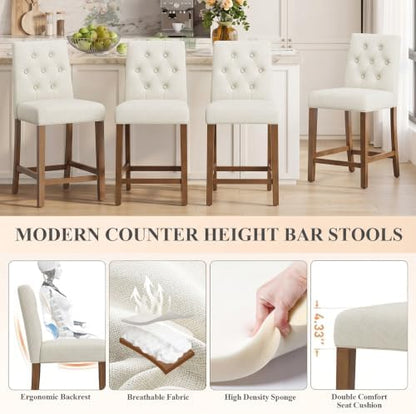 MALOL Bar Stools Set of 1, Fabric Counter Height Bar Stools,Beige