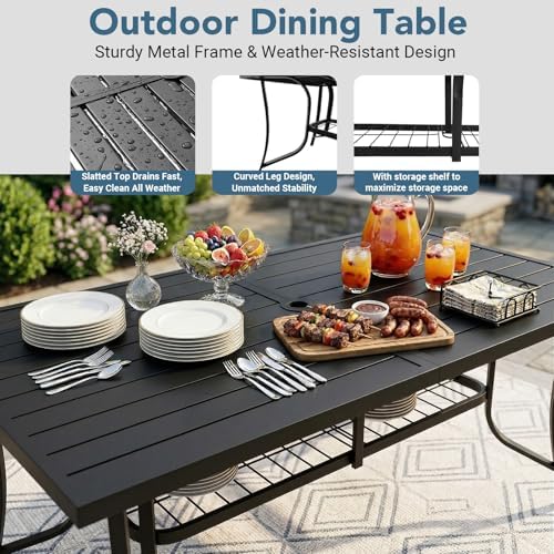 77" Extra Large Outdoor Metal Dining Table, Rectangular Wrought Iron Patio Table for 8 People, Weather-Resistant Steel Slatted Table with Umbrella Hole for Party & Backyard