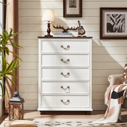 Joaxswe Farmhouse 5 Drawer Dresser for Bedroom, 45" Tall Rustic Chests of Drawers w/ 4 Solid Wood Feet, Mid Century Modern Wooden Closet Storage Dressers Organizer for Living Room, Hallway, White