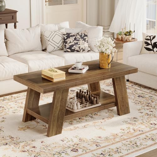 Tohomeor 47.24" Coffee Table for Living Room, Farmhouse Wooden Coffee Table with Storage, Rectangle Rustic Accent Center Table with for Home Apartment Office, Retro Brown