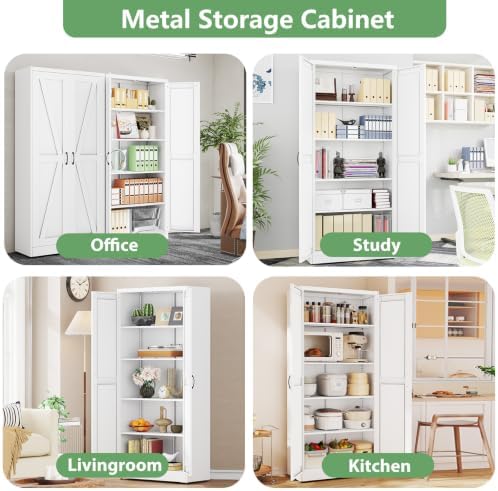 Ckzbx White Metal Cabinets with Doors and Shelves, 71" H Storage Cabinet Pantry Cabinet Garage Cabinets for Kitchen, Living Room, Dinning Room