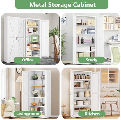 Ckzbx White Metal Cabinets with Doors and Shelves, 71" H Storage Cabinet Pantry Cabinet Garage Cabinets for Kitchen, Living Room, Dinning Room