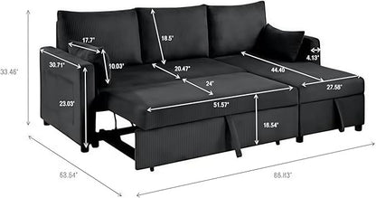 Queen Sleeper Sofa, Convertible Sofa Bed with Storage, 85 Inch Sectional Couch with Pull Out Bed, L Shaped 3 Seat Sectional Sleeper Sofa for Living Room, Apartment, Black