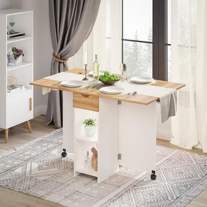 Mondeer Folding Dining Table with Drawer and Shelves, White & Red Oaku