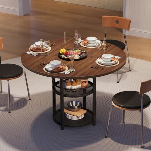 HOOBRO Dining Table, Round Dining Table for 2, 31.5" Kitchen Table for Small Spaces, Farmhouse Small Dining Room Table, 2-Tier Storage, Easy to Assemble, for Living Room, Walnut and Black BH19CZ01