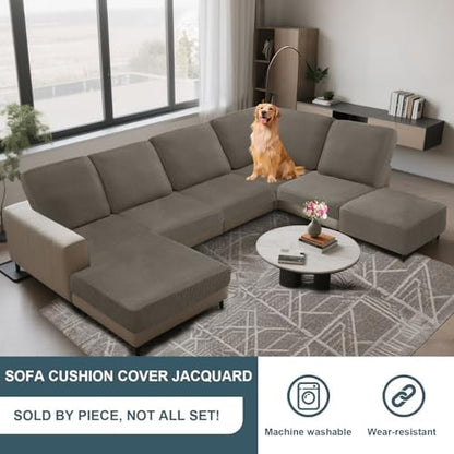 UNBBRRL Seat Cushion Cover and Back Covers for Corner Sofa Stretch Jacquard, Non Slip L Shaped Sofa Slipcover with Storage Ottoman, Sectional Couch Cover for Chaise Lounge (Taupe,Corner Back Cover)