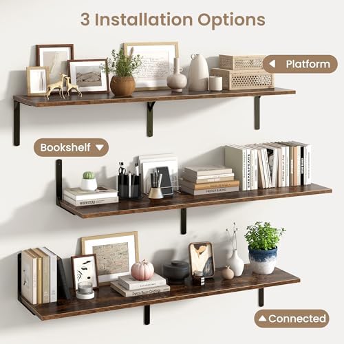 Rustic Brown 12 Inch Deep Floating Shelves Set of 2, Wall Mounted Shelf with Metal Brackets, Rustic Wood Wall Shelf for Bathroom, Kitchen and Living Room, Rustic Brown, 55W x 12D