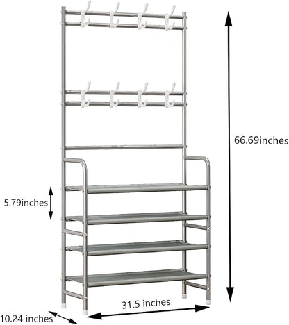 Coat Rack Shoe Rack With Storage Shelf Freestanding with 8 Hooks for Entryway Bedroom Closet 4 Tier, Grey