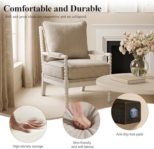 DUHOME Linen Fabric Spindle Accent Chair with Wood Frame,Leisure Armchair