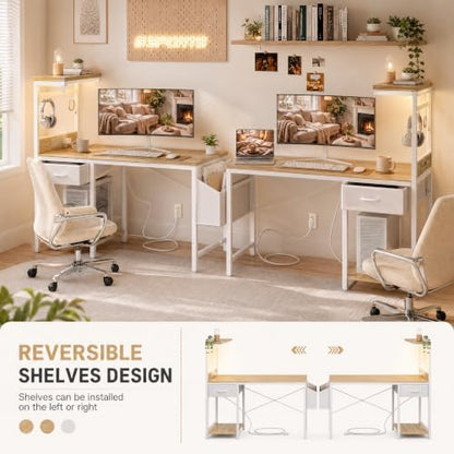 Grandder Computer Desk 40 Inch with Power Outlet and LED Light Oak