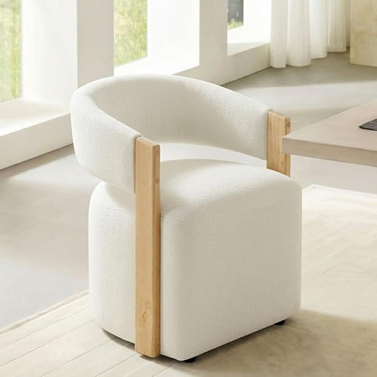 KISLOT Upholstered Dining Chairs Set of 1, Modern Wooden Arm Kitchen & Dining Room Chairs with Hidden Casters, Fabric Padded Rolling Chairs, Sturdy Wood Frame, 300 lbs Capacity, Off-White