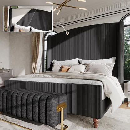 66" Extra Tall Cal King Size Bed Frame with Wingback Headboard, Black