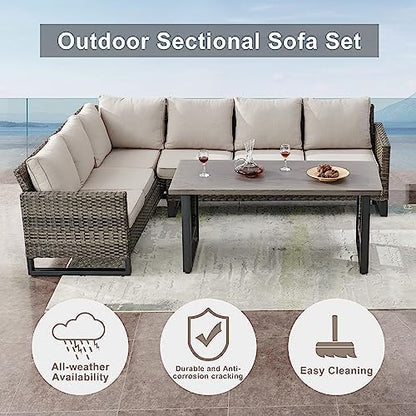 Belord Outdoor Sectional Sofa 6 Seater L Shaped Couch Wicker Patio Conversation Furniture Set Rattan Outdoor Furniture with Removable Washable Cushion Beige