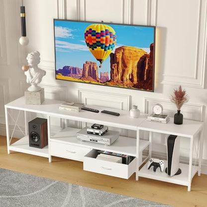 GYIIYUO TV Stand with Fabric Drawer for 65 70 75 Inches TV - Entertainment Center and Industrial TV Console Table with Open Storage Shelves for Living Room, Bedroom - 63" White