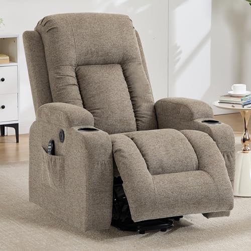 Trustyue Power Lift Recliner Chair with Heat and Massage for Elderly, Electric Recliner Chairs with Standing Assistance, 2 Cup Holders, 4 Pockets, USB Charge Port, Linen Fabric Khaki