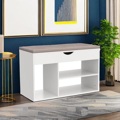 Apicizon 31 Inches Storage Bench with Padded Cushion, Shoe Bench with Storage Space, Upholstered Entryway Bench for Living Room, 2-Tier Shoe Rack Organizer, White