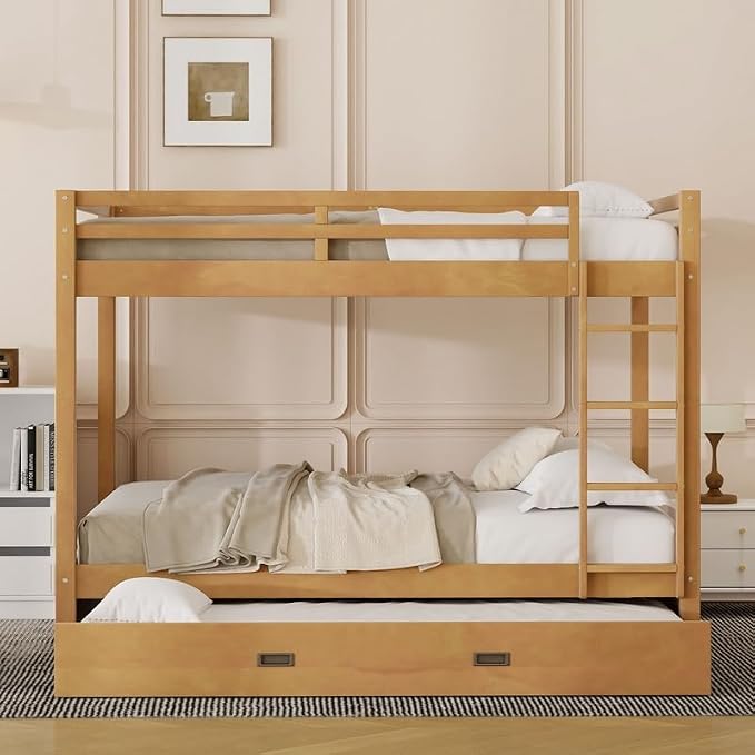 Merax Queen Size Bed with Trundle - Space-Saving Solid Wood Frame, Built-in Safety Rails and Ladderm, Wood