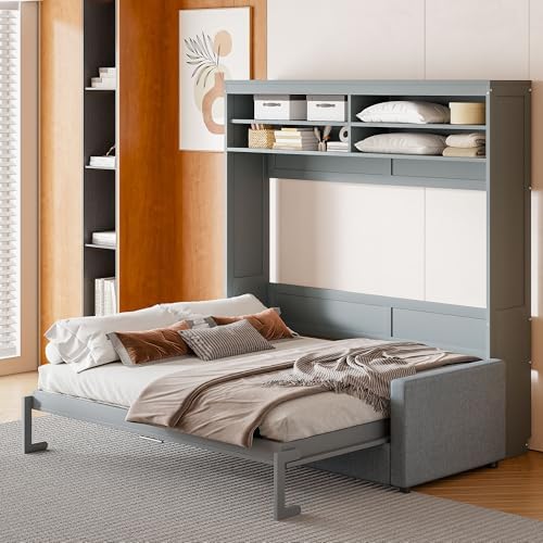 Virubi Queen Murphy Bed with Sofa and Storage, Wood Murphy Bed Cabinet with Storage and 4 Seat Couch, Easy Assembly, Grey (Queen,Grey)