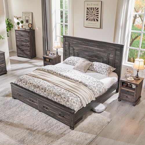 T4TREAM 54" Tall Farmhouse Queen Size Bed Frame, Dark Rustic Oak