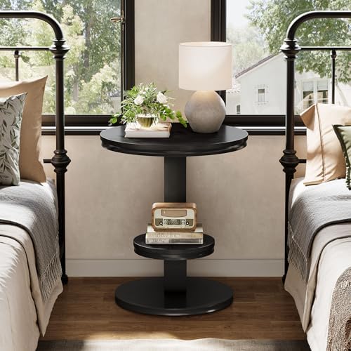 Tribesigns Round End Table, 2 Tiers Side Table with Storage Shelf, Sofa Side Bedside Nightstand with Wood Metal Arc-Shaped Frame for Small Spaces, Living Room, Bedroom, Easy to Assemble, Black (1PCS)