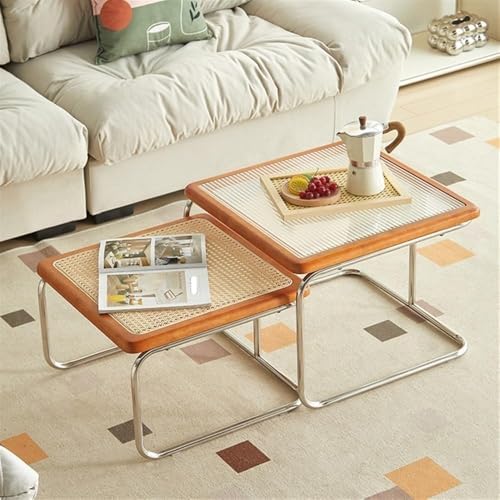 Nesting Coffee Table, Square End Table Set of 2, Small Coffee Table with Rattan and Tempered Glass Tabletop, Nesting Tables for Living Room (Orange)