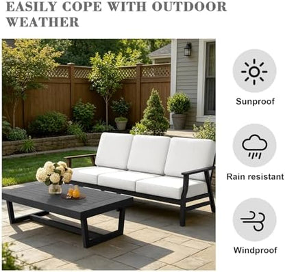 Pia Ricoo Outdoor Premium Teak Wood Couch with Armrests & Table, All‑Weather Outdoor Furniture for Backyard, Deck, Lawn, Beige/Dark