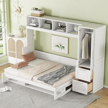 Virubi Full Horizontal Murphy Bed with Wardrobe Closet,2 Drawer,4 Storage Open Shelves,Wood Folding Murphy Wall Bed Cabinet, Slat Suuport (White,Full)