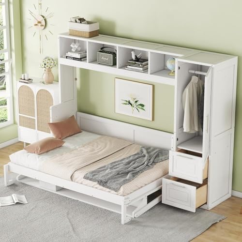 Virubi Full Horizontal Murphy Bed with Wardrobe Closet,2 Drawer,4 Storage Open Shelves,Wood Folding Murphy Wall Bed Cabinet, Slat Suuport (White,Full)