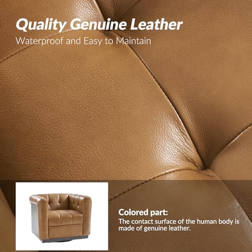 HULALA HOME Genuine Leather Swivel Accent Chairs Set of 2 with Wooden Base, Mid Century Modern Square Accent Chairs for Living Room Bedroom Club, Camel