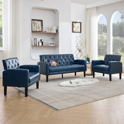 62'' Blue Leather Loveseat Sofa Set with Chairs, 3-Piece Living Room Sets