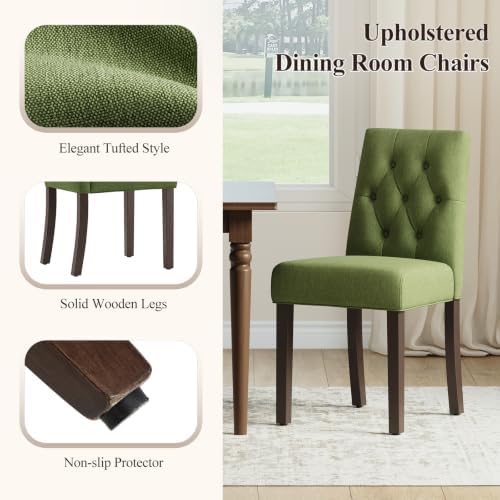 MALOL Upholstered Dining Chairs Set of 2, Tufted Fabric Kitchen Chairs with Solid Wood Legs, Modern Dining Room Side Chairs for Home, Restaurant, Guest Room and Vanity, Green