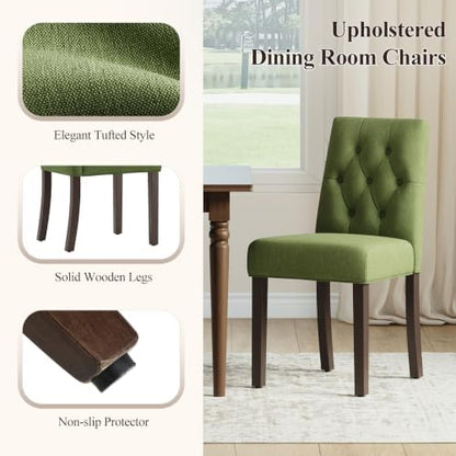 MALOL Upholstered Dining Chairs Set of 2, Tufted Fabric Kitchen Chairs with Solid Wood Legs, Modern Dining Room Side Chairs for Home, Restaurant, Guest Room and Vanity, Green