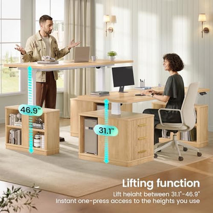 SEDETA 63" Fluted Electric Standing Desk with 3 Drawers, Storage Shelves