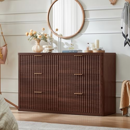 LEYAOYAO Fluted 6 Drawers Dresser for Bedroom Set of 2, 48" Wide Modern Chest of Drawers with Metal Handle, Walnut Curved Profile Farmhouse Closet Organizer Wood Dressers TV Stand for Living Room