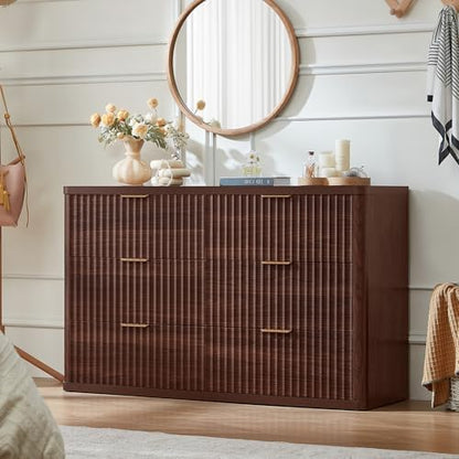 LEYAOYAO Fluted 6 Drawers Dresser for Bedroom Set of 2, 48" Wide Modern Chest of Drawers with Metal Handle, Walnut Curved Profile Farmhouse Closet Organizer Wood Dressers TV Stand for Living Room