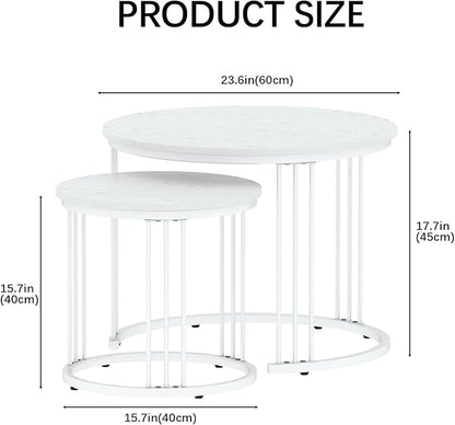 Garden 4 you Nesting Coffee Table, 23.6" Round Coffee Table Set of 2, Wooden Nesting Table with Metal Frame, Ceter Tables for Living Room Bedroom Balcony, White