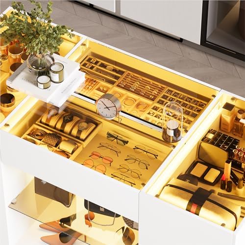 Kikihouse Modern Closet Island with 10 Drawers with LED (White+Amber Glass)