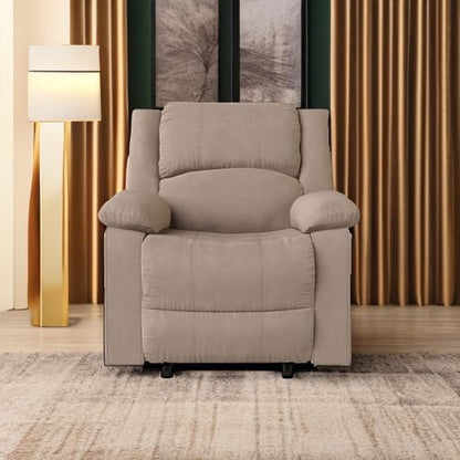 Warren 35.5" Manual Pull-Handle Recliner, Traditional Overstuffed, Pocket Coil Comfort, Black Metal Base Legs, Soft Microfiber Fabric, Beige