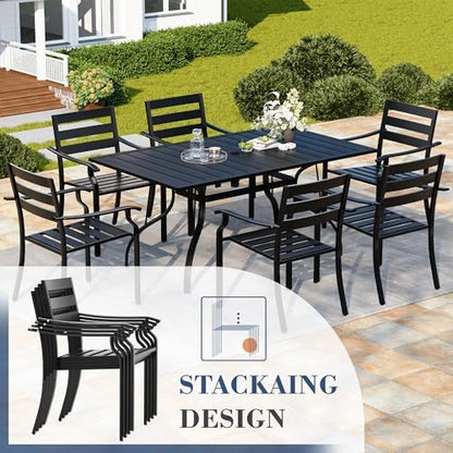 HOMREST 7 Piece Outdoor Patio Dining Set for 6, 63" Rectangular Metal Table with Umbrella Hole and Storage Shelf, Stackable Steel Chairs, Large Patio Furniture Set for Deck/Backyard/Poolside/Garden