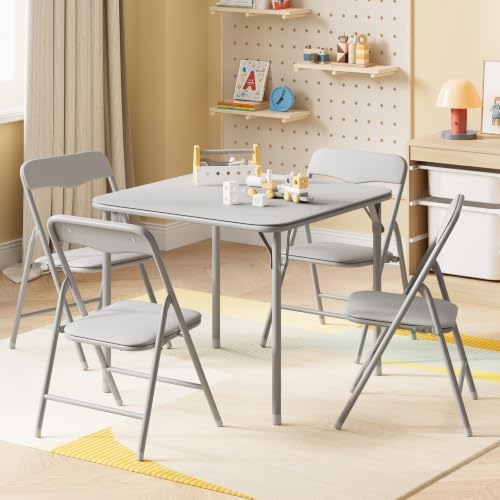 JOYMOR Kids Folding Table and Chairs Set, 5-Piece Metal Frame Activity Set with Easy-Fold Design for Playroom & Classroom, Gray