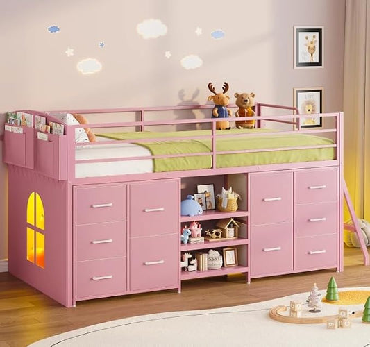 ELYKEN Low Loft Bed Twin Size with 10 Storage Drawers, Twin Loft Bed Frames for Kids with Safety Guardrail,Metal Kids Loft Bed with LED Lights,Inclined Ladder,Spave Saving,Pink