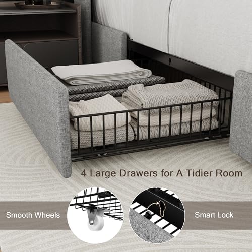 Einhomn Queen Bed Frame with 4 Storage Drawers and Charging Station, Upholstered Platform Bed Frame with Storage Headboard, No Box Spring Needed, Easy Assembly, Light Grey