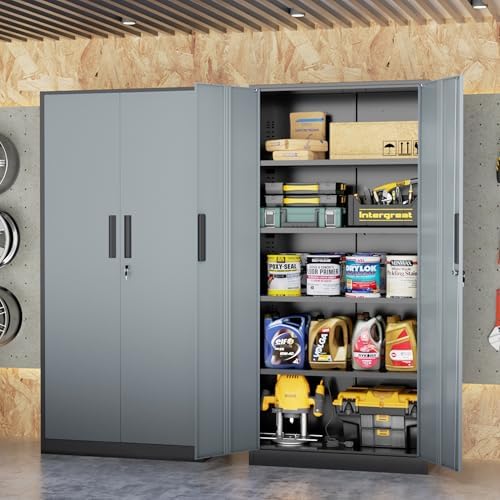 Bonusall 72" Metal Garage Storage Cabinet, 2 Locking Doors & 4 Adjustable Shelves Tall Storage, Heavy Duty Steel Tool Cabinet for Home, Office, Warehouse, School (Black Grey)