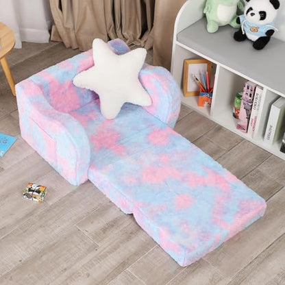 Kids Sofa Chair, 2-in-1 Foldable Couch, Plush, Pastel Tie-Dye